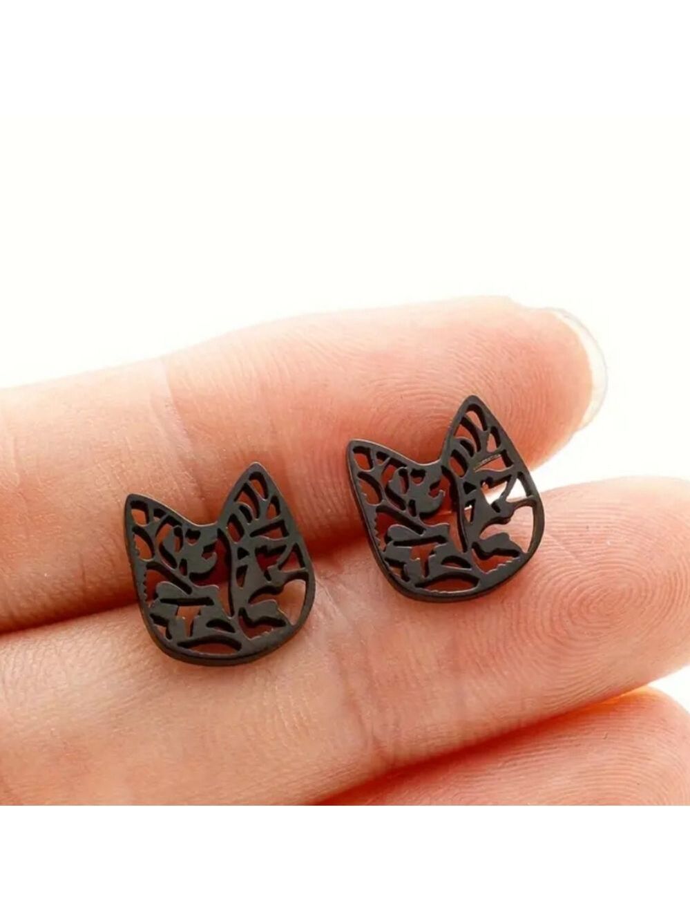 STAINLESS  Black Steel Floral Cat Stud Earrings